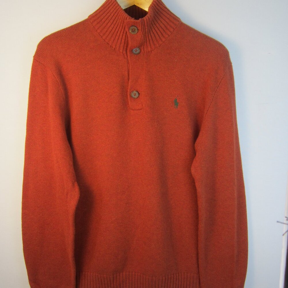 Polo Ralph Lauren Men Large Terracotta Brown Cotton 3 Button Sweater Pullover L